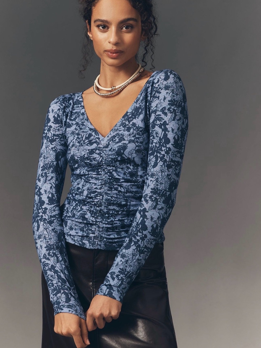 Pilcro Blue Floral V-Neck Ruched Long-Sleeve Top